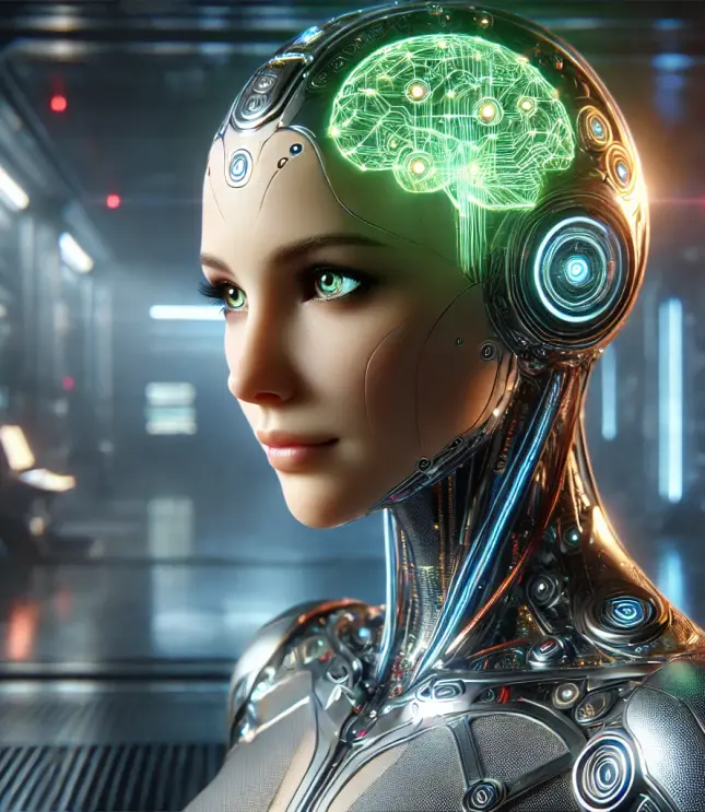 DALL·E 2024-07-24 17.44.21 - A futuristic female cyborg with a glowing green neural network helmet. The setting is a high-tech lab with dim lighting and a metallic, industrial bac